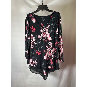 Alfani Womens XL Black Floral Sharkbite Hem V-Neck Long Sleeve Tunic Blouse